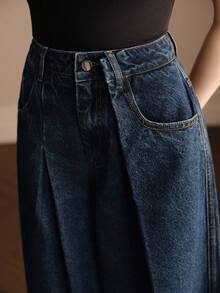 Anewsta Women's Autumn/Winter Modern Retro High-Waist Double Pleated Hip-Flattering Slimming Curved Floor-Length Jeans In Deep Blue Washed - Blue - View 4