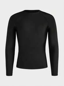EASEVO Plus Size Men's Solid Color Round Neck Fitted Casual Rash Guard, Daily Wear & Sun Protection, Vacation, Father's Day Gifts - Black - View 5
