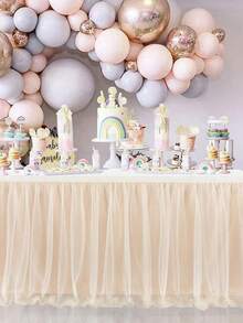 1-Piece Champagne-Colored Single-Layer Tulle Pleated Table Skirt, Suitable For Rectangular And Round Tables - The Perfect Choice For Birthday Parties, Weddings, Bridal Showers, Cake Table Decorations, And All Celebratory Occasions - Champagne - View 4