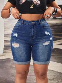 Slaydiva Plus Size Women's Ripped Fashionable Casual Loose Fit Versatile Stretch Denim Shorts Formal Beach Blue Summer - Dark Wash - View 6