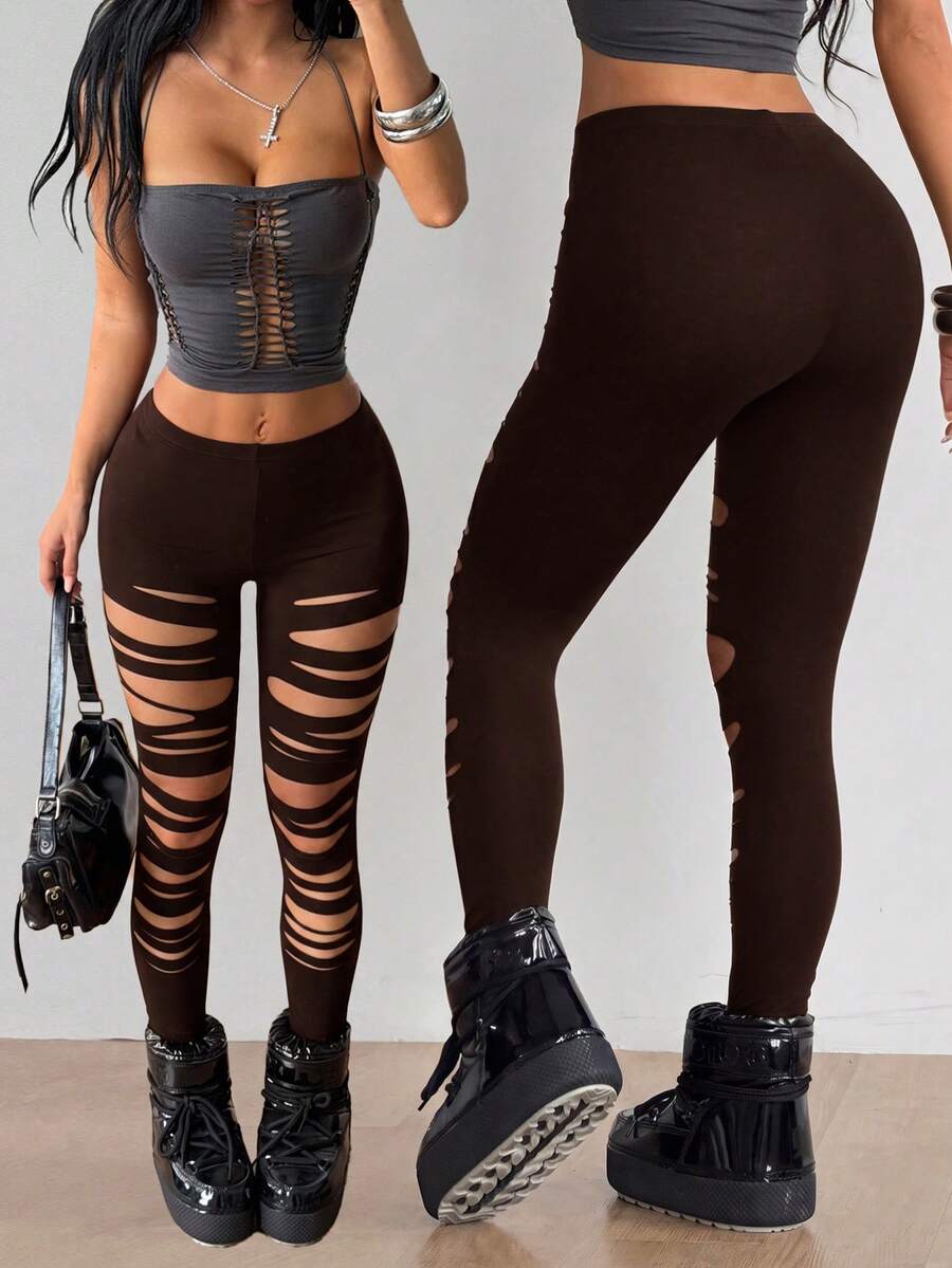 SHEIN ICON 女款素色鏤空休閒百搭日常穿著緊身內搭褲 - 棕色 - 查看 1