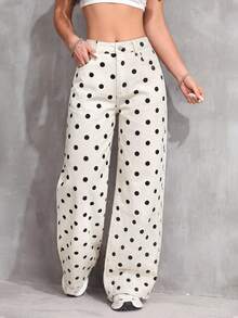 SHEIN Teen Girl Pocket Button Polka Dot Casual Daily Wear Denim Jeans - Multicolor - View 6