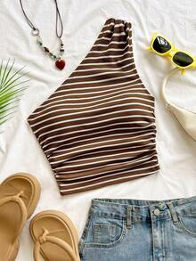 Soleia Sexy Casual One Shoulder Ruched Striped Sleeveless Top - Coffee Brown - View 1