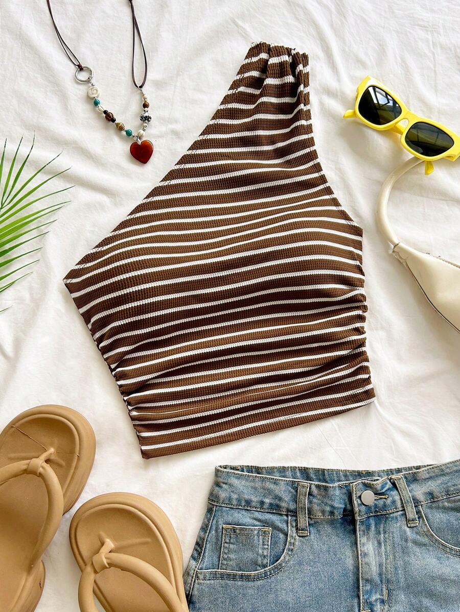 Soleia Sexy Casual One Shoulder Ruched Striped Sleeveless Top - Coffee Brown - View 1