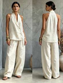 SHEIN Holidaya Autumn New Arrival: New Chinese Style Pants Two Pieces Set, Halter Neck Asymmetric Placket Top, Frog Button Top And Bottom Set, Loose Fit Set, Elegant Women's Set, Women's Casual Shirt, Women's Vacation Outfit, Women's Commute Outfit, White Top - Apricot - View 3