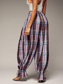 Hauture Pantalones largos para mujer de tela a cuadros naranja con fruncido, dobladillo con volantes, cintura elástica alta con diseño de lazo, pierna acampanada, estilo callejero, casual para vacaciones, bohemio, corte holgado, versátil para uso diario y desplazamientos - Multicolor - Ver 4