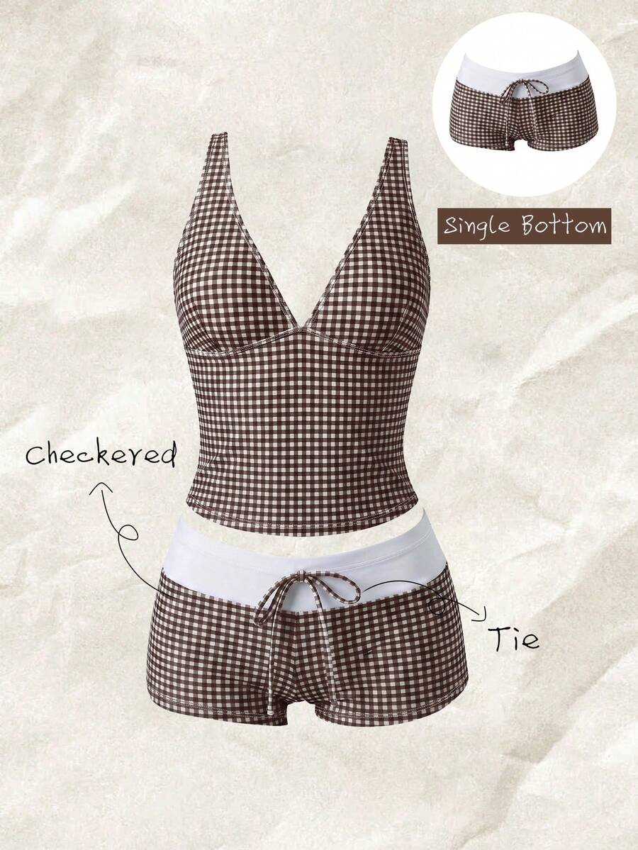 Elavelle Celana Bikini Pendek Wanita Motif Kotak-kotak Pinggang Tinggi dengan Detail Tali Serut - MultiWarna - View 1