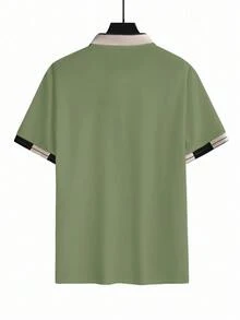 Calvornis 男士珠飾刺繡羅紋領短袖休閒 Polo 衫 - 橄欖綠 - 查看 4