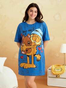 GARFIELD | SHEIN 大尺碼女款字母印花短袖休閒睡裙 - 藍色 - 查看 4