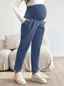 SHEIN 孕婦純色可調腰圍休閒長褲，附口袋，秋季款 - 藍色 - 查看 3