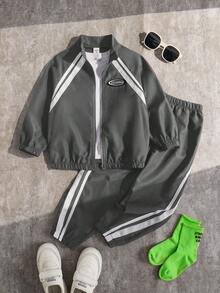 SHEIN 2pcs Kids Young Boy Casual Daily Comfortable Letter Print Hooded Colorblock Zip-Up Long Sleeve Jacket And Loose Cuffed Knit Pants Set, Suitable For School, Garden, Beach, Birthday, Spring, Summer, Fall - Grey - View 3