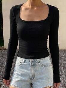 DAZY 女款夏季方領修身羅紋內搭性感休閒短袖T恤 - 黑色 - 查看 4