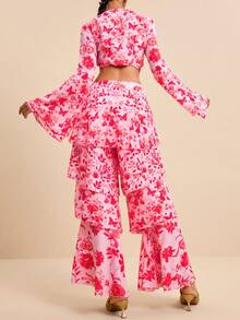 LOTSLUV Women's Early Autumn Vacation Elegant, Pink And Red Floral Print, Four-Layer Ruffle Split Flowy Long Pants,Summer Trousers,Women's Pants - Pink - View 2