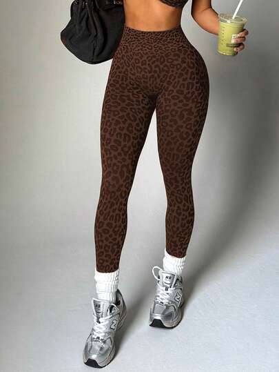 Slayform Slayform 1pc Women's Seamless Sexy Leopard Print Leggings For Running, Fitness, Yoga, Workout, Cropped Length