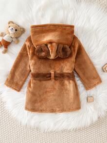 SHEIN 男嬰秋冬可愛動物熊刺繡長袖連帽法蘭絨睡衣 - 棕色 - 查看 4