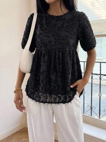 FRIFUL Women's Fashion Round Neck Loose Fit Babydoll Blouse Summer - Black - View 5