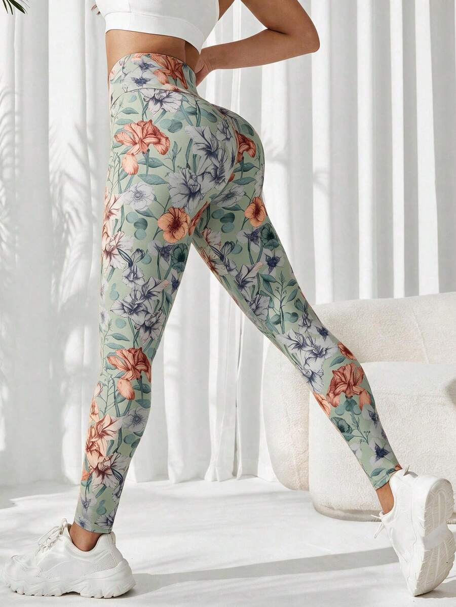 SHEIN Sports Women's Floral Print High Waist Daily Fitness Sports Leggings - Mist Green - View 1