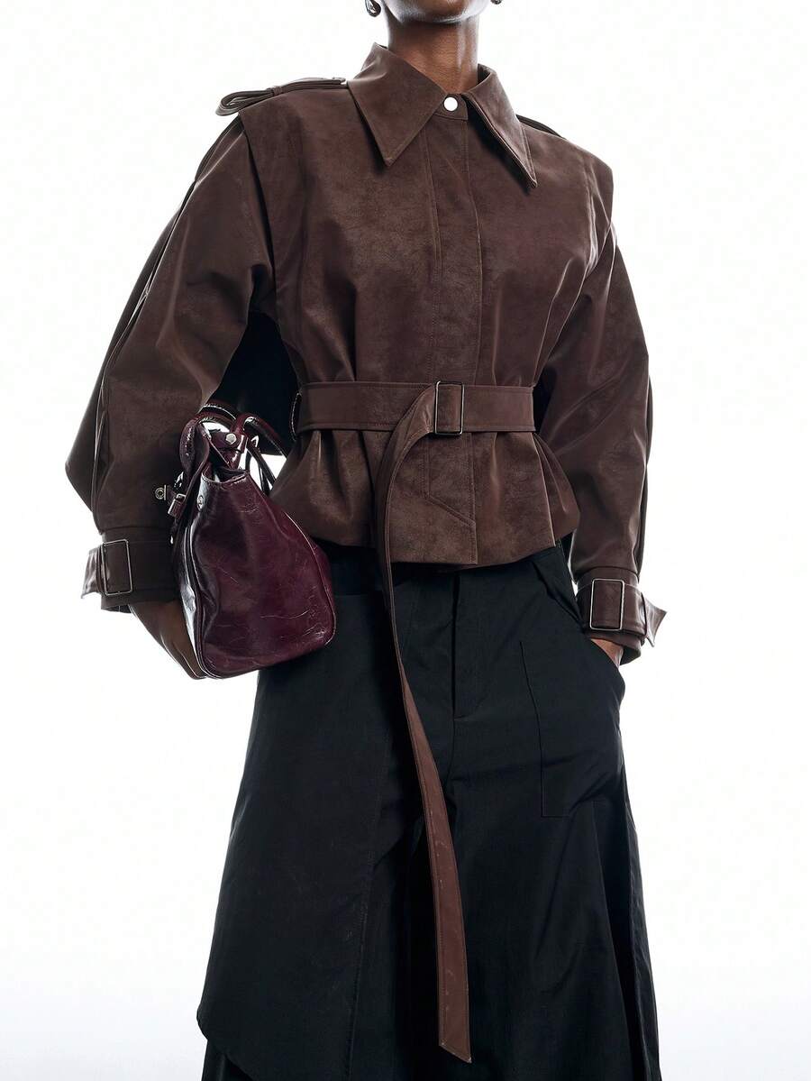 LYSMO Women's Solid Color Buckle Design Casual Versatile Daily Commute Trench Coat Jacket - Burgundy - View 1