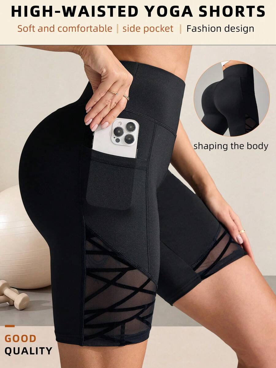 SHEIN Sports Flocked Mesh Splicing High Waist Seamless Sports Shorts - Black - View 1