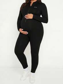 Plussiva 大尺碼孕婦拉鍊半開襟牛仔長袖連身褲 - 黑色 - 查看 8