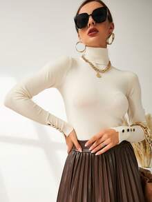 NOVVYNE Turtleneck Buttoned Cuff Jumper - Apricot - View 7
