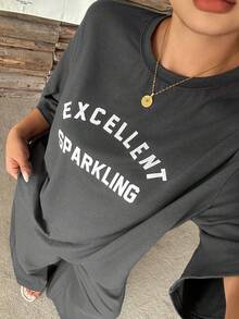 Dazy Plus Letter Print Loose Short Sleeve Casual Pants 2-Piece Set Spring Summer Autumn Grey Pajama Set - Dark Grey - View 7