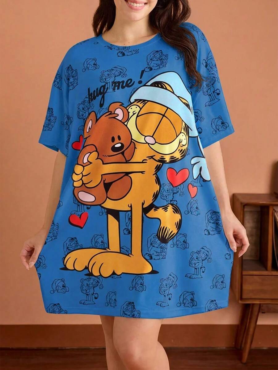 GARFIELD | SHEIN 大尺碼女款字母印花短袖休閒睡裙 - 藍色 - 查看 1