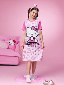 HELLO KITTY AND FRIENDS | SHEIN Tween Girl Cartoon Print Pink Cute Short Sleeve Nightgown, Summer - Pink - View 5