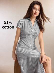 BizChic Striped Cinched Waist Cap Sleeve Dress, Vintage French Elegant Business Formal Vacation Countryside Slouchy Commute Date Daily Office Slimming Elegant Sexy Versatile Summer Autumn Halloween Back To School Party Birthday Wedding Guest Church Special Occasion Outing Beach Gathering Social Holiday Shopping Travel Minimalist Luxury - Black and White - View 7