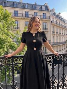 SHEIN MOD Große Größen Schwarzes Metall Blumen Dekor Regenschirm Rock Klassisches mittellanges Kleid, Alltagskleidung, Party, Bankett, Urlaub, Frühherbst, Ganzjährig, Geburtstagsparty, Hochzeit - Schwarz - Übersicht 8