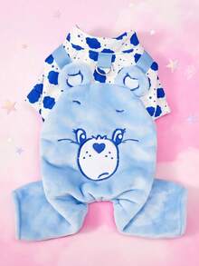 Care Bears X PETSIN 1件刺繡藍色泰迪熊秋冬款加厚保暖四腳連身衣，附牽引D型環，適用於貓狗，適合室內舒適保暖或寒冷戶外冬季散步 - 藍色 - 查看 1