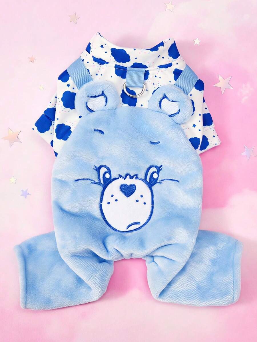 Care Bears X PETSIN 1件刺繡藍色泰迪熊秋冬款加厚保暖四腳連身衣,附牽引D型環,適用於貓狗,適合室內舒適保暖或寒冷戶外冬季散步 - 藍色 - 查看 1