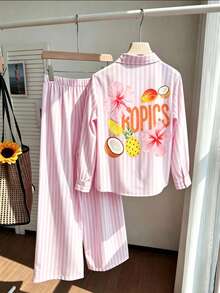 SHEIN Sparklyn 青少年女孩條紋花卉印花襯衫與長褲套裝 - 彩色 - 查看 4