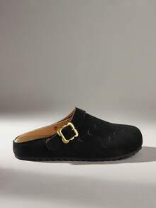 Solecia Women's Shoes Spring And Summer Versatile Wheat Ear Embroidery Adjustable Buckle Round Toe Flat Bottom Soft Suede Closed Toe Slippers Daily Travel - Black - View 1