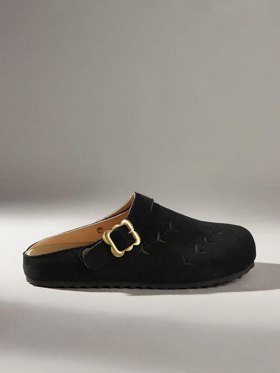 Solecia Women's Shoes Spring And Summer Versatile Wheat Ear Embroidery Adjustable Buckle Round Toe Flat Bottom Soft Suede Closed Toe Slippers Daily Travel - Black - View 1