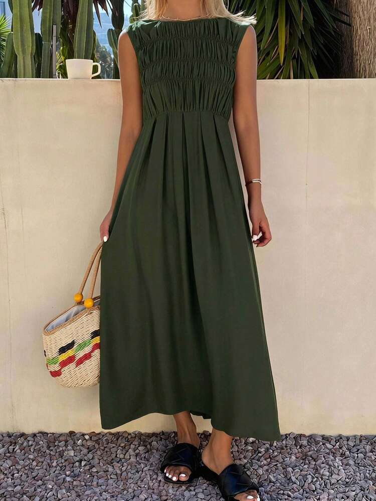 army green midi dress Livesso V-Neck Long Sleeve Solid Color Cinched Waist Flared For Women Vacation Summer Casual Picnic Vacation Brunch sep25whsale-clothing