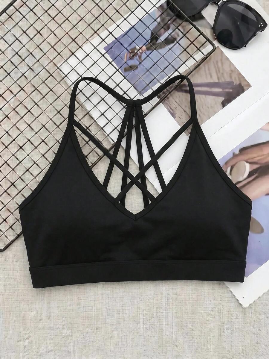 SHEIN Cheerettes 女款純色交叉背帶日常健身運動內衣 - 黑色 - 查看 1