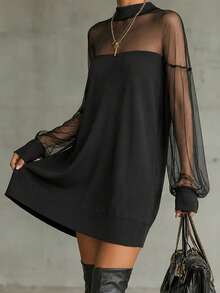 LUMIGAL Elegant Sexy Casual Mesh Patchwork Sheer Short Dress, Black, Spring/Summer/Autumn, Date Night Out Date Night/Commute/Daily/Office Halloween - Black - View 2