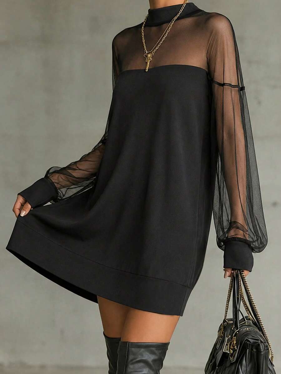 LUMIGAL Elegant Sexy Casual Mesh Patchwork Sheer Short Dress, Black, Spring/Summer/Autumn, Date Night Out Date Night/Commute/Daily/Office Halloween