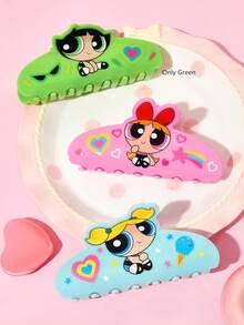 THE POWERPUFF GIRLS X SHEIN 時尚可愛卡通髮夾，適合女孩與女士，居家、洗浴、美容護理、髮型造型完美適用 - 綠色 - 查看 6