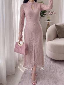 Feyla Women's Lace Split Design Casual Daily Summer Long Dress - Pink - View 2