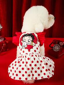 Betty Boop X PETSIN 1件可愛紅白波點復古卡通印花荷葉邊肩帶休閒洋裝，適合小型犬貓，適合室內派對或陽光戶外散步 - 波點 - 查看 8