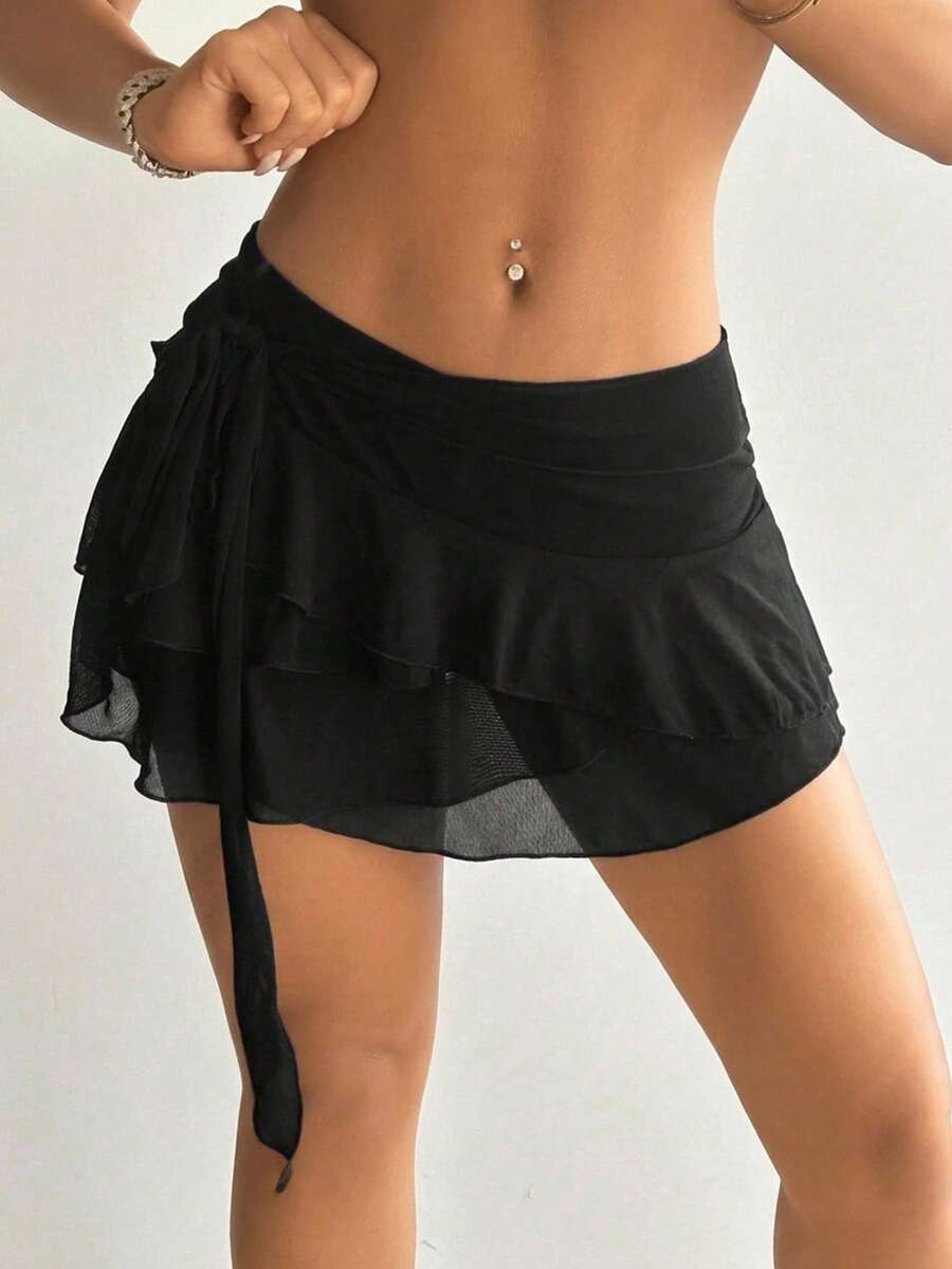 SHEIN ICON Women's Going Out Multi-Layer Ruffle Trim Low Rise Y2K Mini Black Skirt - Black - View 1
