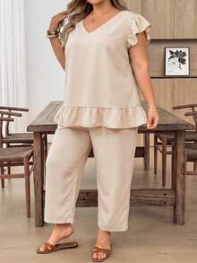SHEIN CURVE+ 2pcs Plus Size Women's Solid Color Back Single-Row Button Short Sleeve Shirt And Pants Set - Khaki - View 9