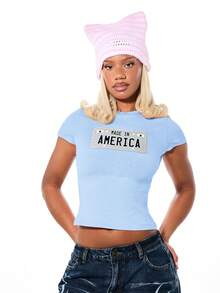 SUMWON Made In America 車牌圖案修身短版短袖 T-shirt，貼身圓領短版上衣，夏季音樂祭愛國風 7 月 4 日日 - 藍色 - 查看 1