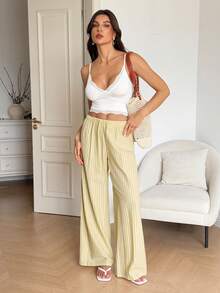 SHEIN Tall 女款休閒寬鬆條紋寬腿長褲 - 黃色 - 查看 3