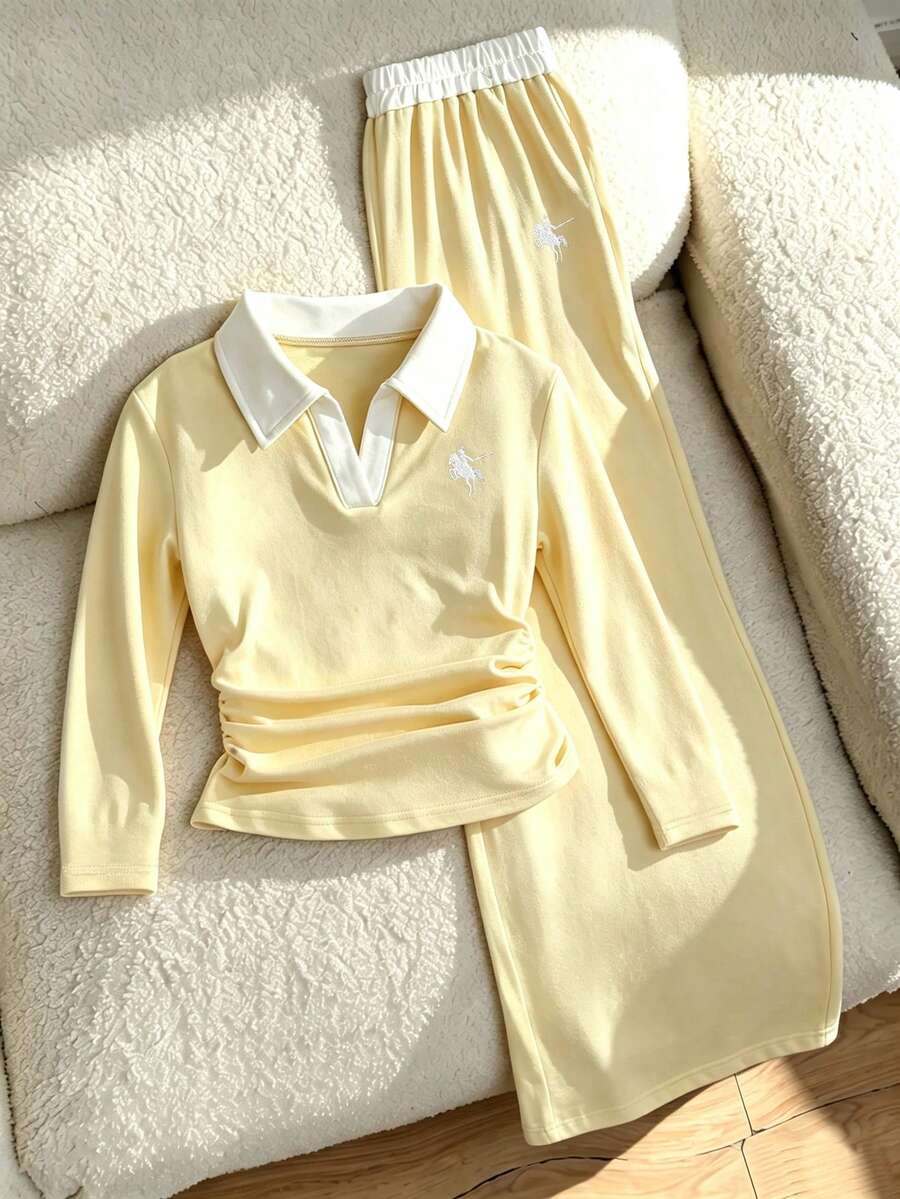 SHEIN 少女對比領 T恤與長褲套裝 白色 秋季 韓系運動風 返校季 長袖 - 黃色 - 查看 1
