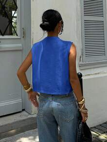 Siren Gaze Solid Color Wide Shoulder Casual Cropped Tank Top - Royal Blue - View 2
