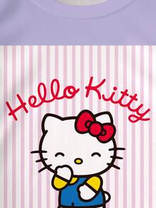 HELLO KITTY AND FRIENDS | SHEIN Kaos Kasual Musim Panas untuk Remaja Perempuan dengan Motif Garis-Garis dan Kartun - Putih - View 4