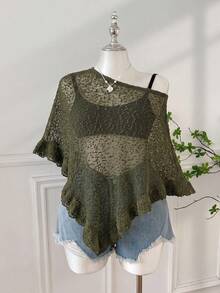 SHEIN EZwear 大尺碼女款純色不對稱肩針織上衣，適合日常穿著 - 軍綠色 - 查看 6